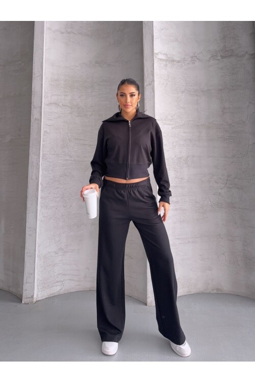 Modal Kumaş Crop Üst Eşofman Takım Siyah