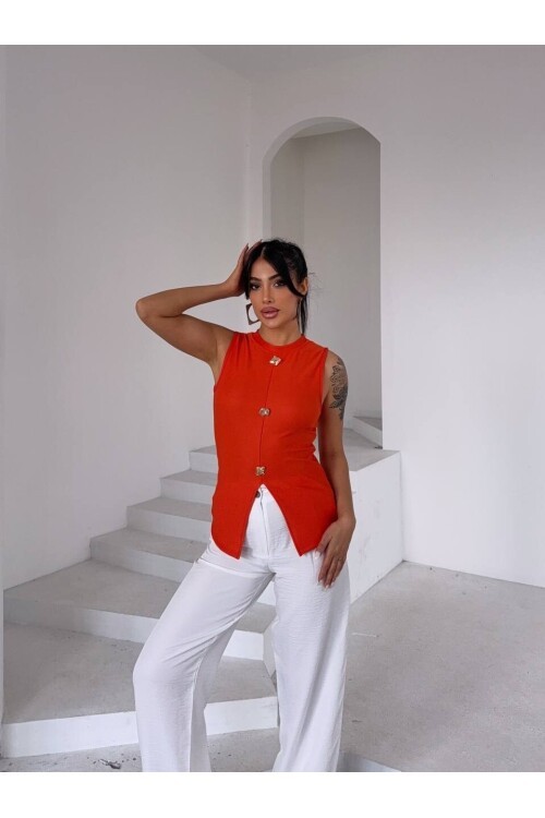 Ottoman Düğme Detay Bluz Turuncu