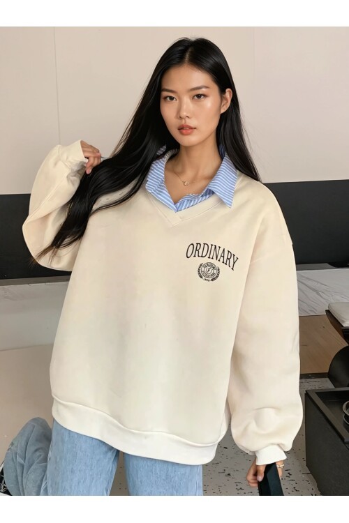 Oversize Ordinary Yazı Üç İplik Detaylı Bej Sweatshirt
