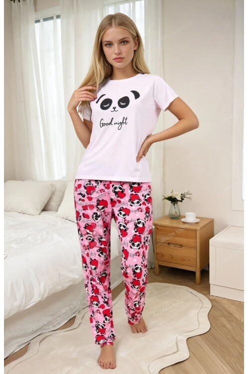 Panda Desenli Beyaz Kısa Kol Kadın Pijama Takımı