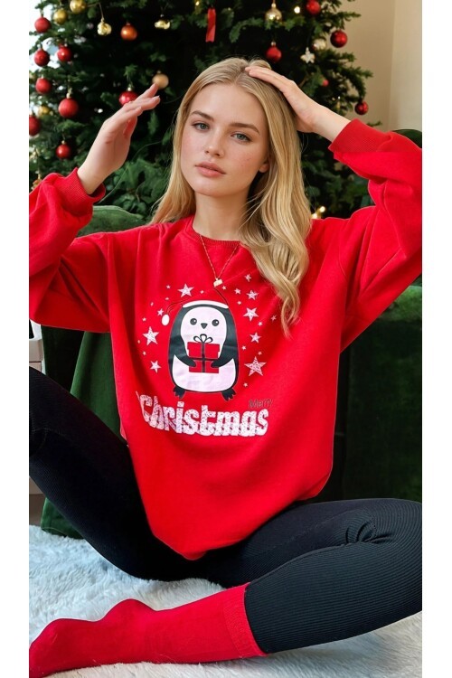Penguen Baskılı Üç İplik Kırmızı Yılbaşı Sweatshirt
