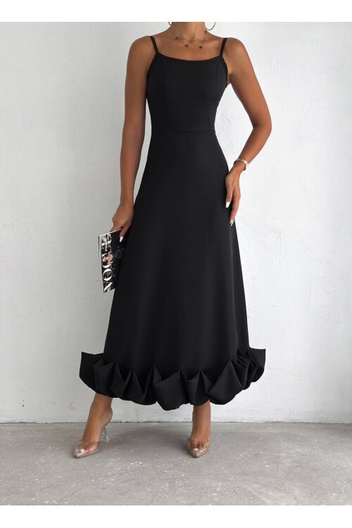 Siyah İthal Dabıl Kumaş Eteği Fırfırlı Elbise