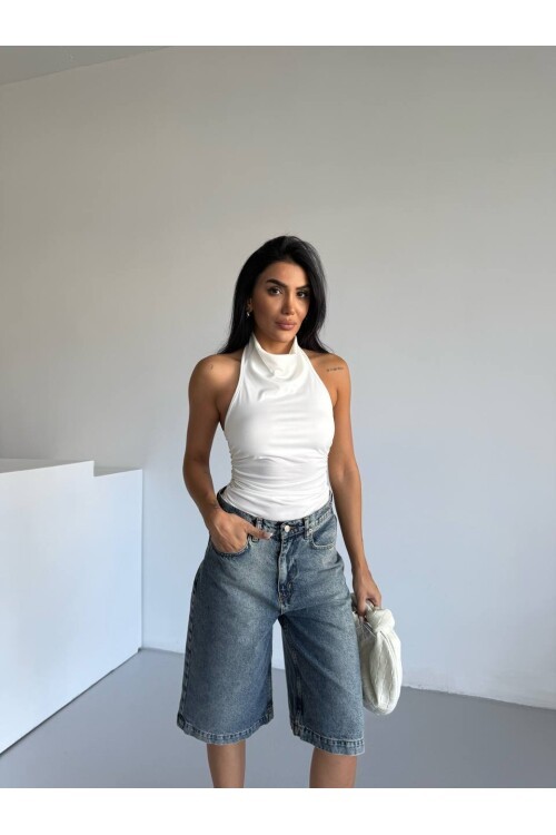 Yaka Detay Sandy Bluz Beyaz