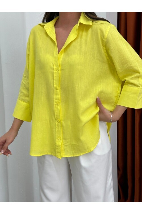Yıkamalı Pamuk Keten Gömlek Sarı