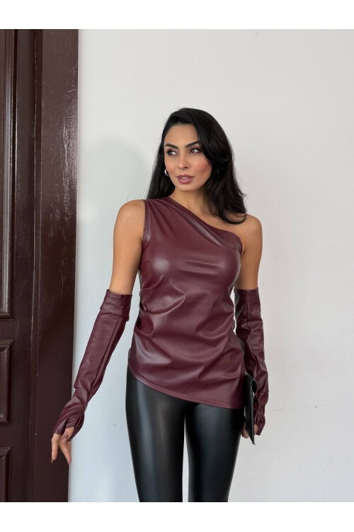 Asimetrik Kesim Eldivenli Deri Bluz Bordo