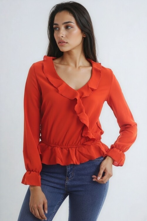 Ayrobin Kruvaze Fırfırlı Uzun Kol Bluz Kiremit