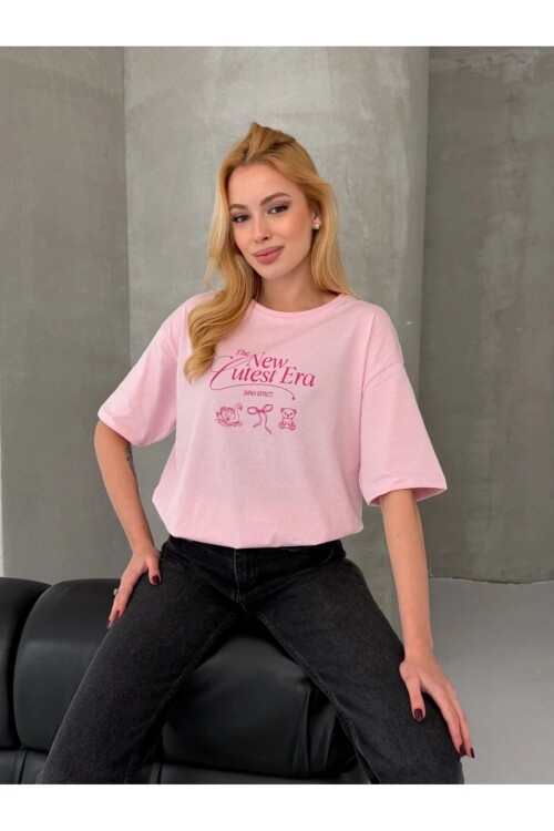 Baskılı Oversize Kadın Tişört Pembe