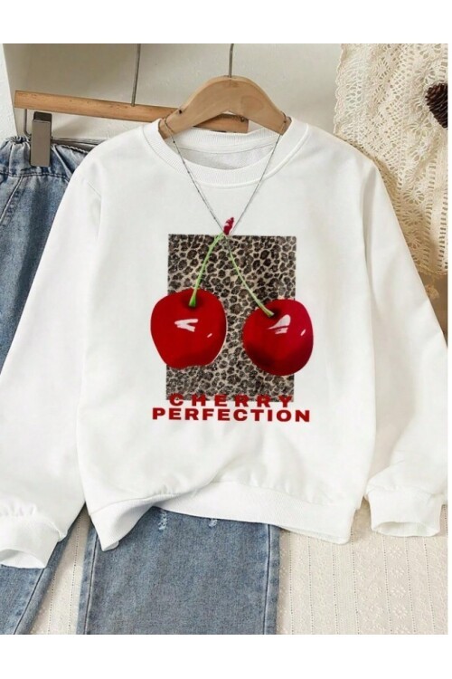 Beyaz Kiraz Baskılı Oversize 3 İplik Sweat