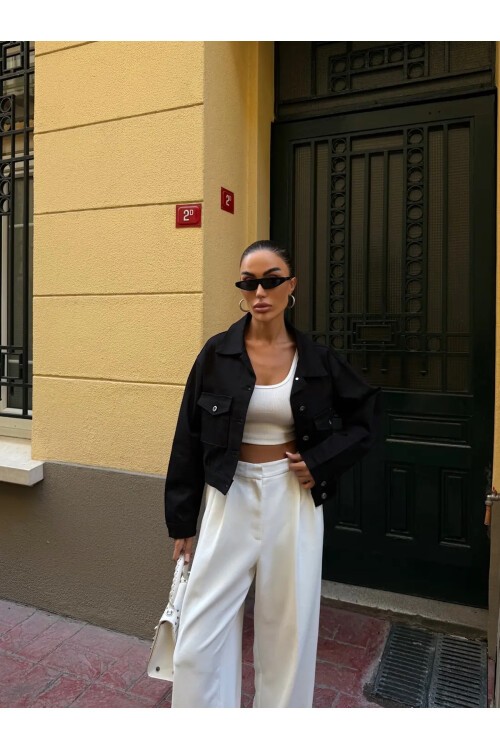 Çift Cep Denim Crop Ceket