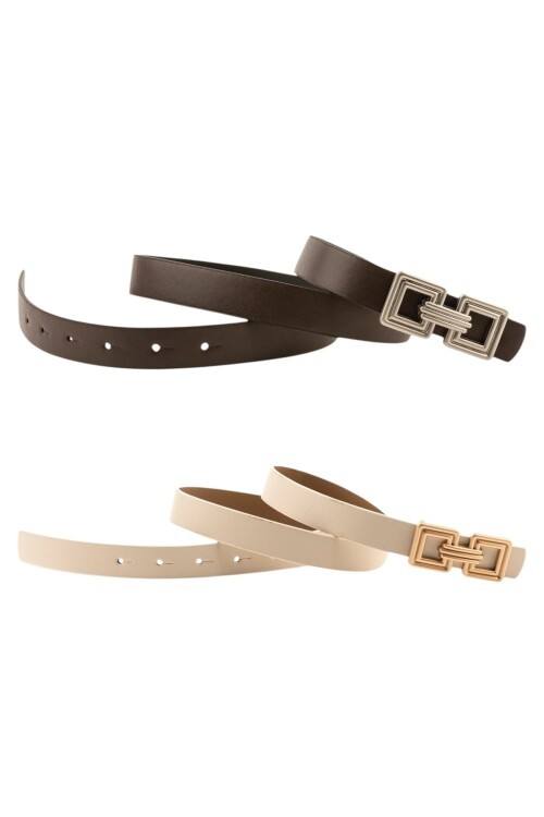 Çift Kare Tokalı İkili Set Kahverengi_Bej Kadın Kemer