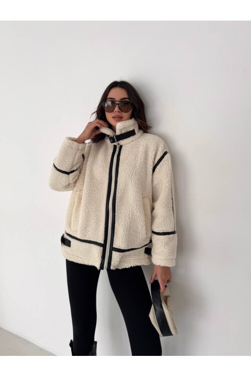 Deri Biyeli Fermuarlı Peluş Mont