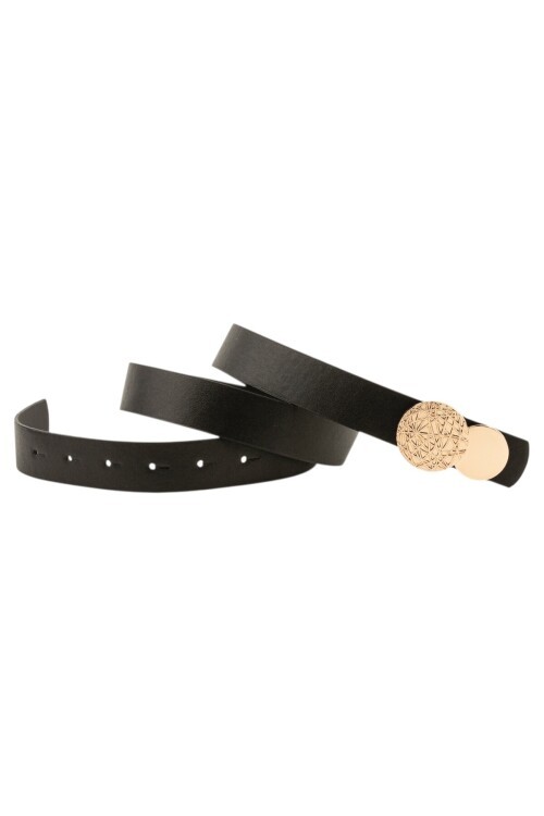 Desenli Yuvarlak Tokalı Siyah Kadın Kemeri