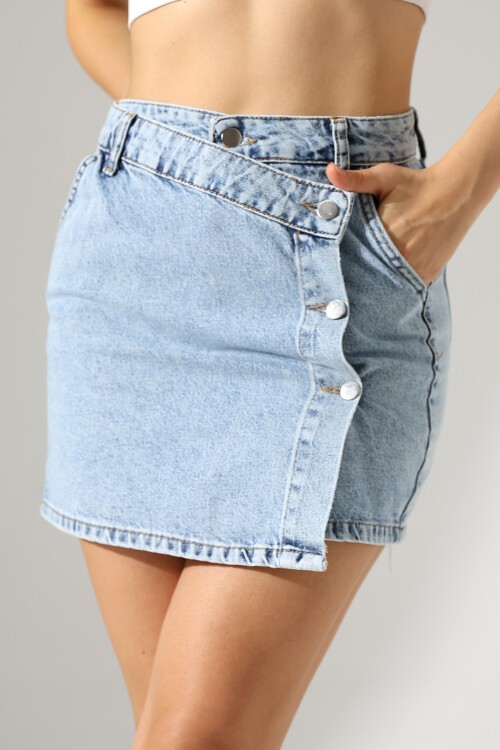 Düğme Detaylı Jean Mini Etek – Mavi