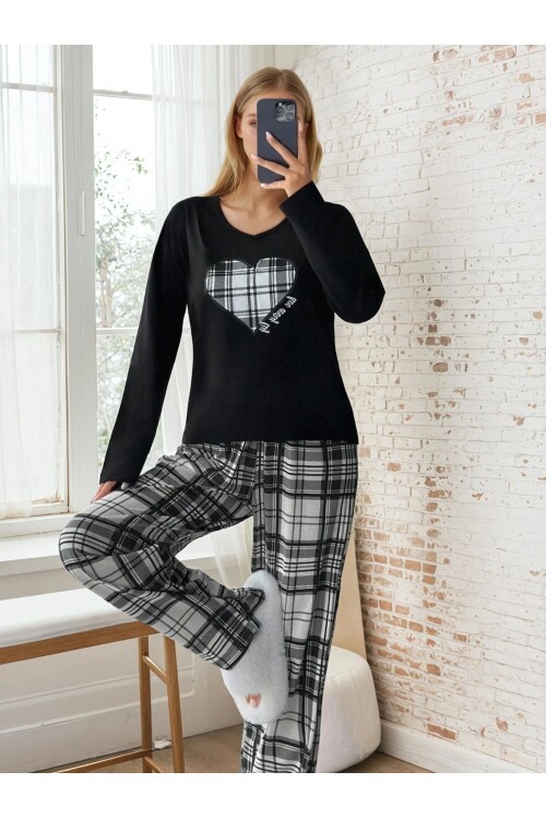 Ekose Desen Alt Kalp Baskılı Pijama Takımı