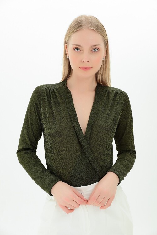 Flamlı Kruvaze Uzun Kol Zıbın Bluz Haki