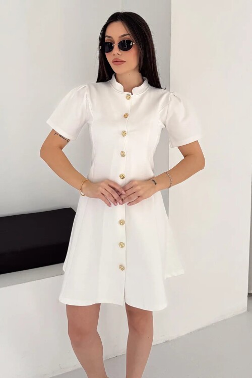 Kadın Beyaz Düğme Detay Mini Elbise