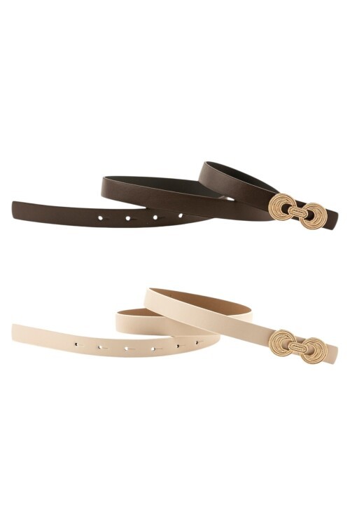 İnce Düğüm Tokalı İkili Kahverengi_Bej Kadın Kemeri