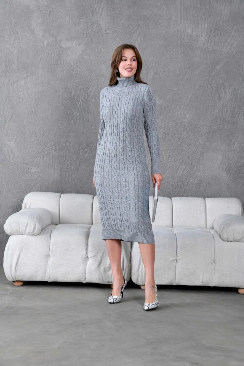 Kadın Balıkçı Yaka Örgü Detay Kışlık Triko Elbise