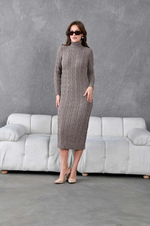 Kadın Balıkçı Yaka Örgü Detay Kışlık Triko Elbise