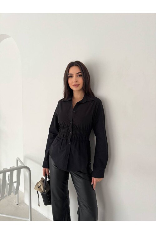 Kadın Bel Büzgülü Uzun Kollu Siyah Gömlek