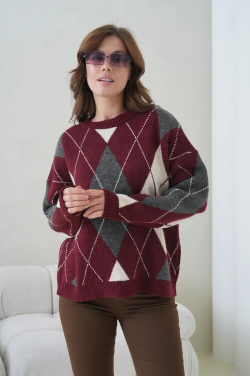 Kadın Bisiklet Yaka Baklava Desenli Triko Kazak