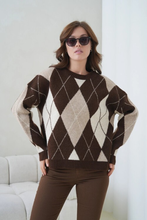 Kadın Bisiklet Yaka Baklava Desenli Triko Kazak