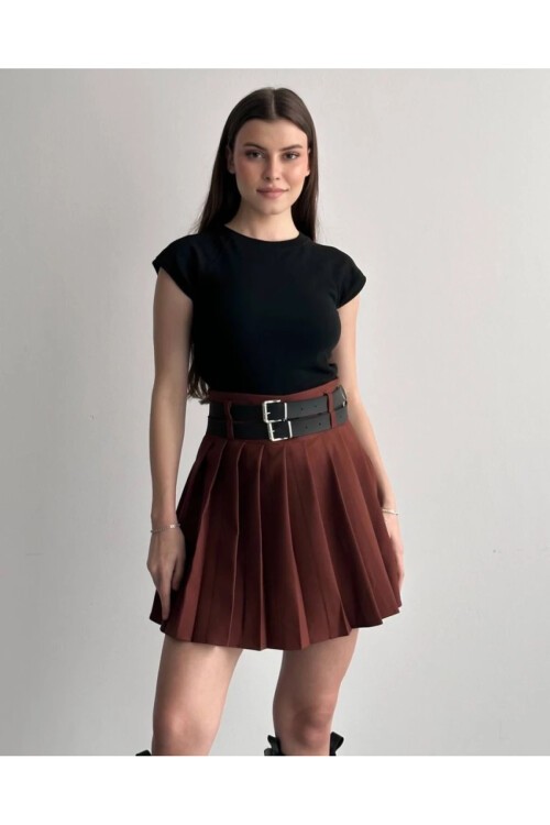 Kadın Çift Kemerli Şortlu Pileli Etek Kahve