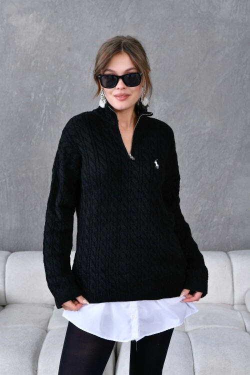Kadın Dik Yaka Fermuar Detay Saç Örgü Triko Kazak