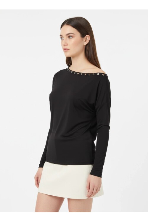 Kadın Kayık Yaka Yarasa Kol Yakası Troklu Lycralı Penye Bluz