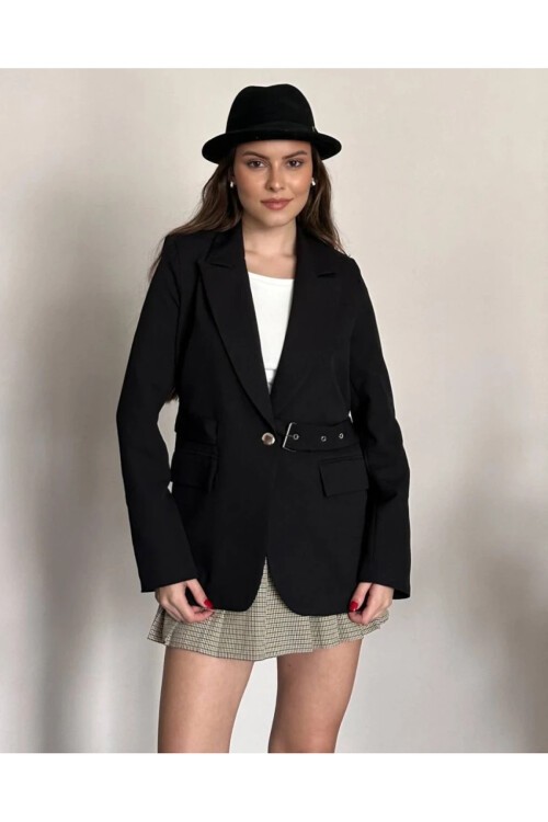 Kadın Kemerli Toka Detay Premium Blazer Ceket Siyah