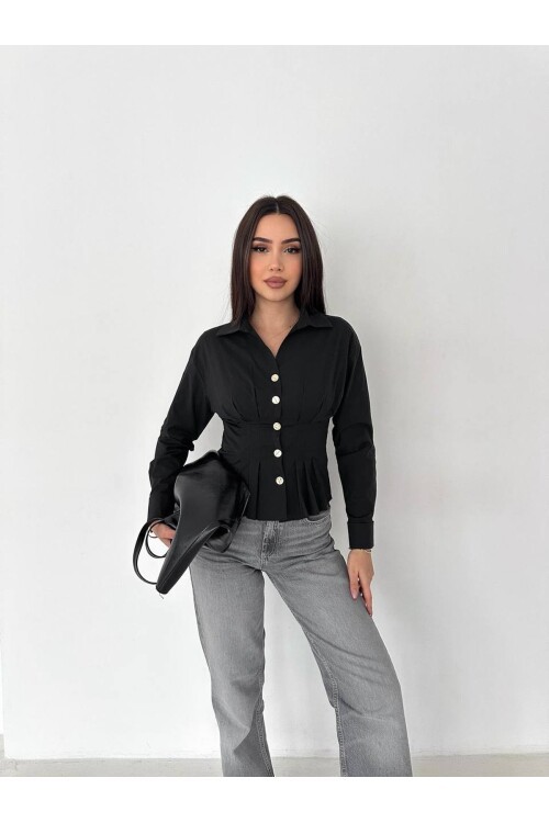Kadın Korse Detaylı Gold Düğmeli Siyah Gömlek