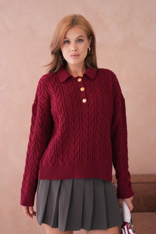 Kadın Polo Düğme Detay Saç Örgü Triko Kazak