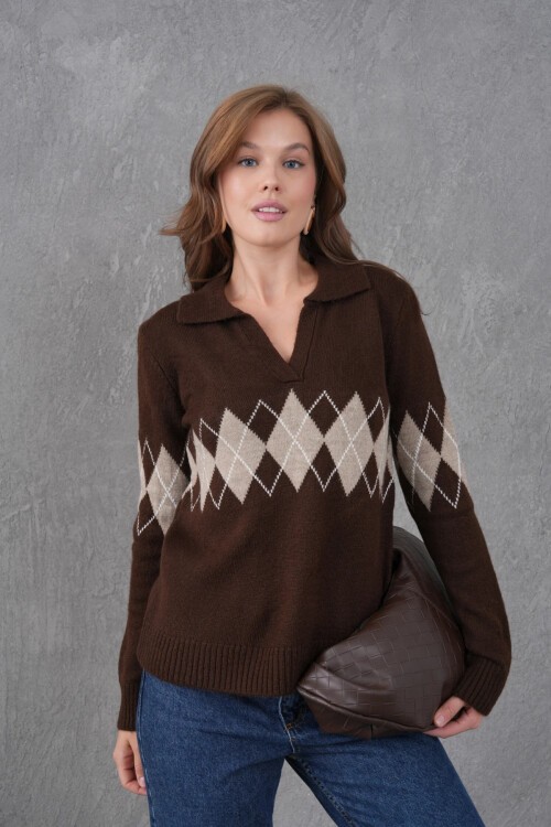 Kadın Polo Yaka Desenli Yarım Pat Triko Kazak