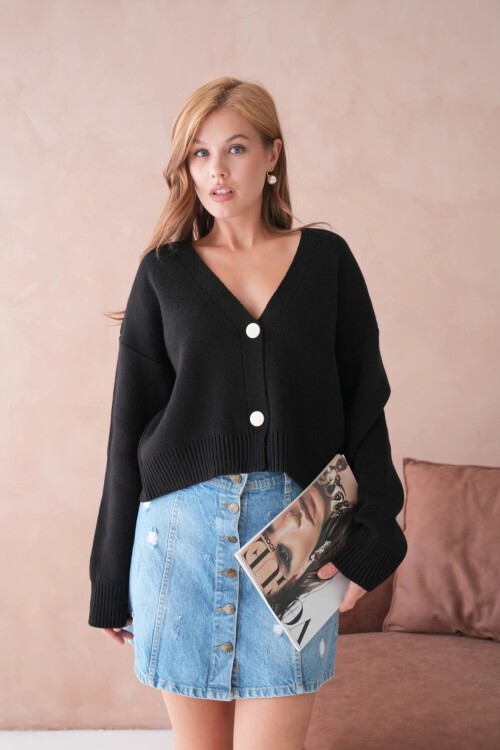 Kadın Polo Yakk Düğme Detay Oversize Triko Hırka