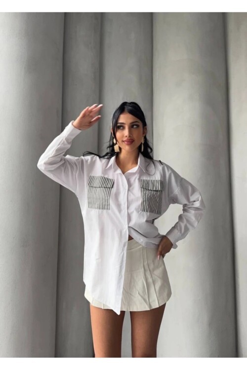 Kadın Sırt ve Cebi Çizgili Bloklu Uzun Kollu Gömlek