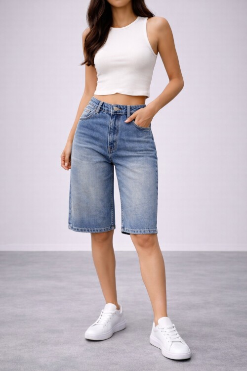 Kadın Yüksek Bel Salaş Jean Bermuda Lacivert