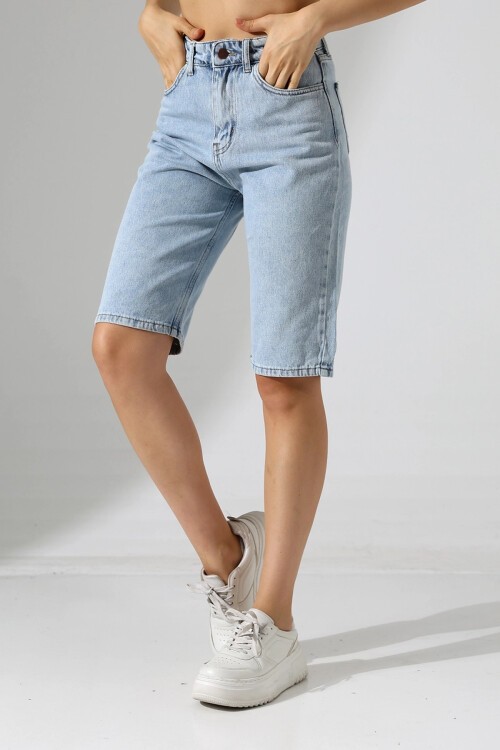 Kadın Yüksek Bel Salaş Jean Bermuda Mavi