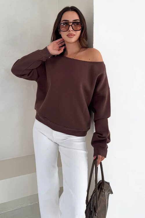 Kayık Yaka Polar Sweatshirt Kahve