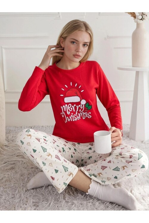 Kırmızı Merry Christmas Yeni Yıl Kadın Pijama Takımı