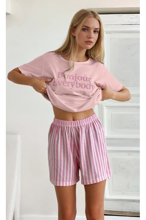 Kısa Kollu Şortlu Pijama Takımı Pembe