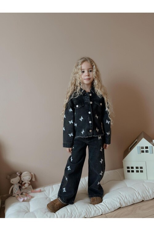 Kız Çocuk Kelebek Baskılı Siyah Kot İkili Takım Ceket Pantolon