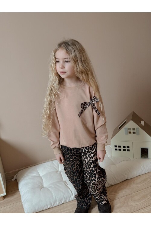 Kız Çocuk Leopar Desenli Beli Lastikli Pantolon ve Üst Sweat Takım