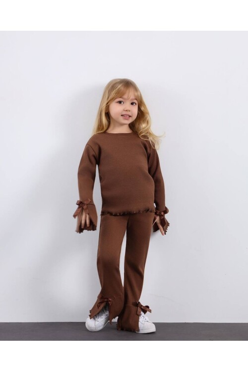 Kız Çocuk Paça Fiyonk Detaylı Kaşkorse Alt Üst Takım Kahve