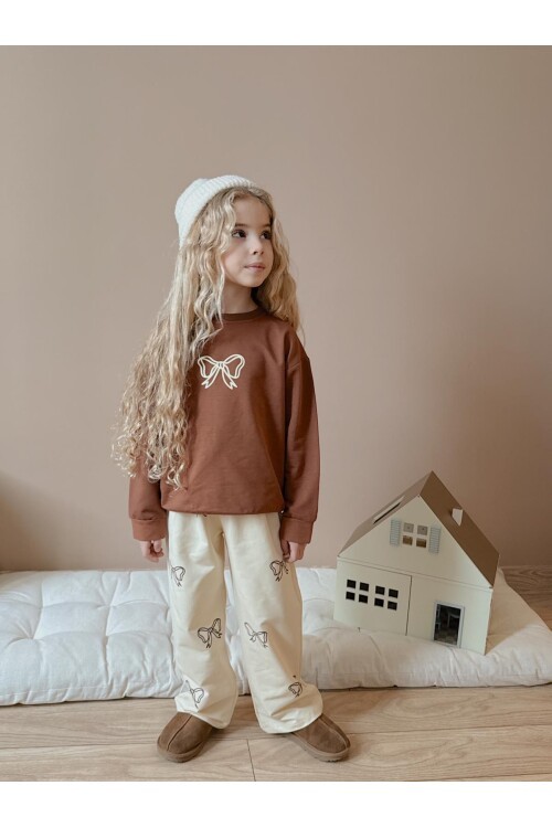 Kız Çocuk Pamuklu Fiyonk Desenli Eşofman Takımı Kahverengi