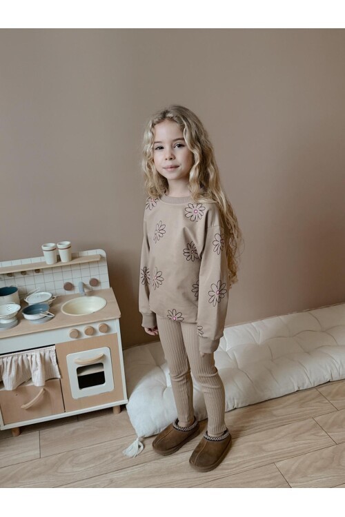 Kız Çocuk Pamuklu Sweatshirt Tayt İkili Takım Bej