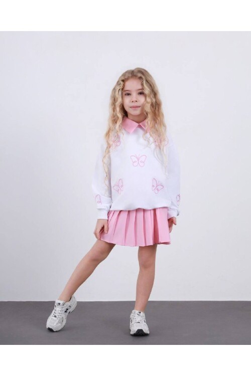 Kız Çocuk Pileli Etek ve Alt Üst Takım Beyaz