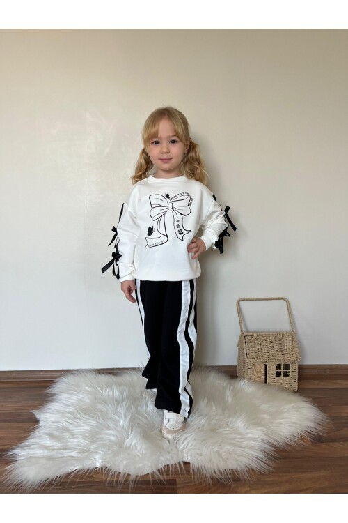 Kız Çocuk Şerit Detaylı Kurdela Baskı Eşofman Takım