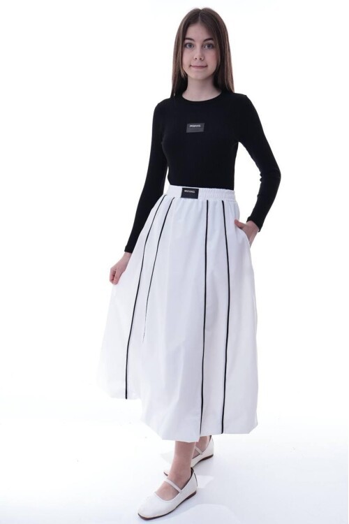 Kız Çocuk Şeritli Balon Etek Beyaz