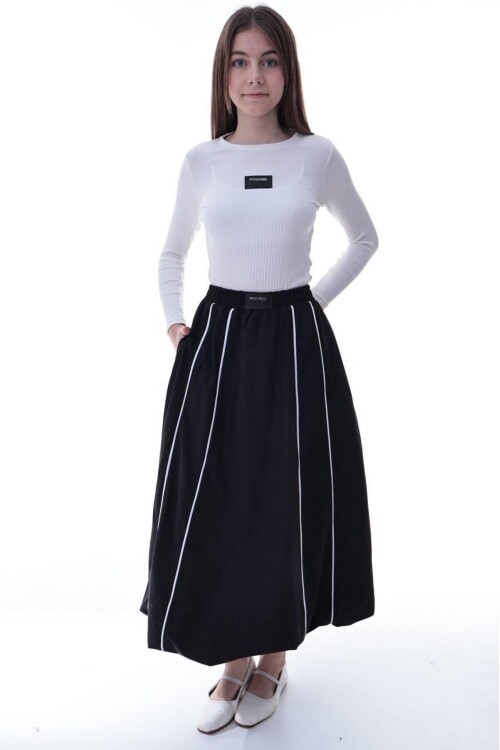 Kız Çocuk Şeritli Balon Etek Siyah