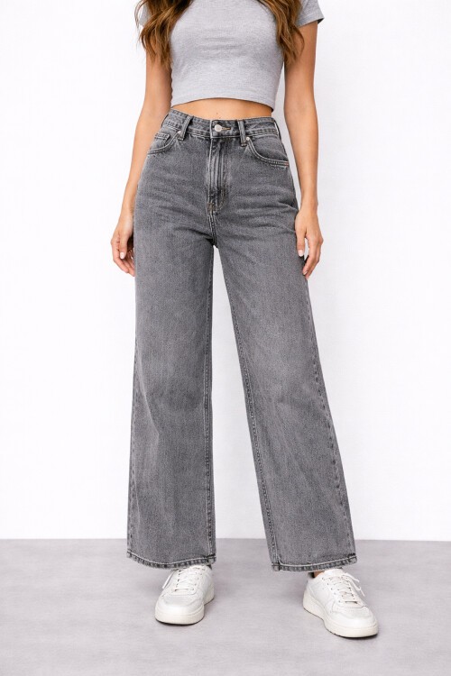 Koyu Gri Geniş Paça Jean